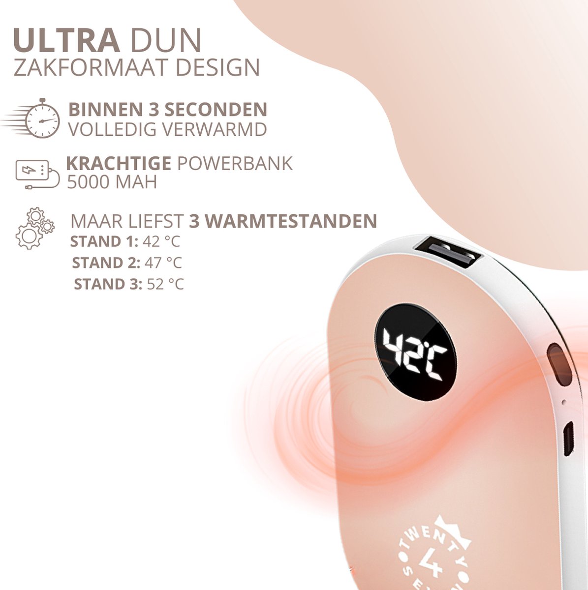 Twenty4seven® 2 in 1 Elektrische Handwarmer - Handwarmers Elektrisch - 4 tot 6u Warmte - Handverwarmer met Powerbank - Roze - Herbruikbaar & USB Oplaadbaar - Twenty4seven®
