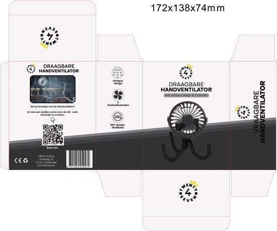 Twenty4seven® Handventilator - Draagbare Ventilator Oplaadbaar - Hand Tafelventilator Draadloos - Kinderwagen Mini Fan met 3 Standen - Twenty4seven®