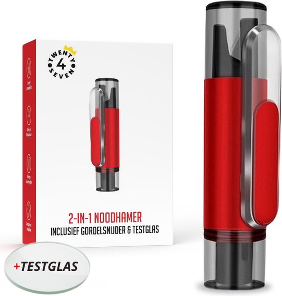 Twenty4seven® 2 in 1 Veiligheidshamer - Noodhamer Auto - LifeHammer met Gordelsnijder - Inclusief Testglas & Zelfklevende Houder - Twenty4seven®